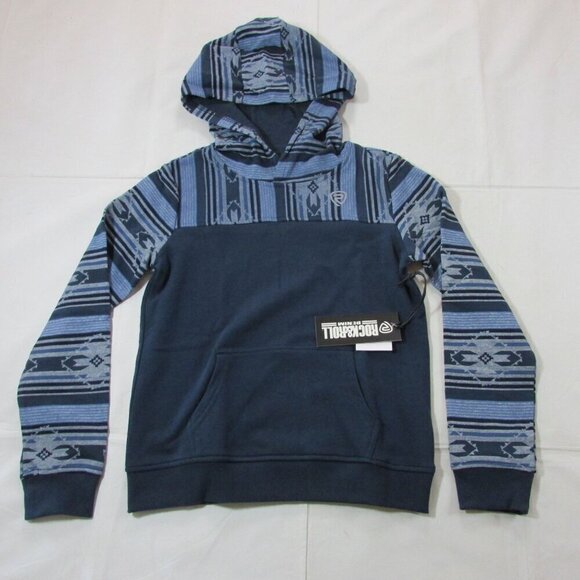 Rock & Roll Boy's LG Long Sleeve Aztec Print Hoodie Pullover Sweatshirt Indigo - Picture 1 of 2